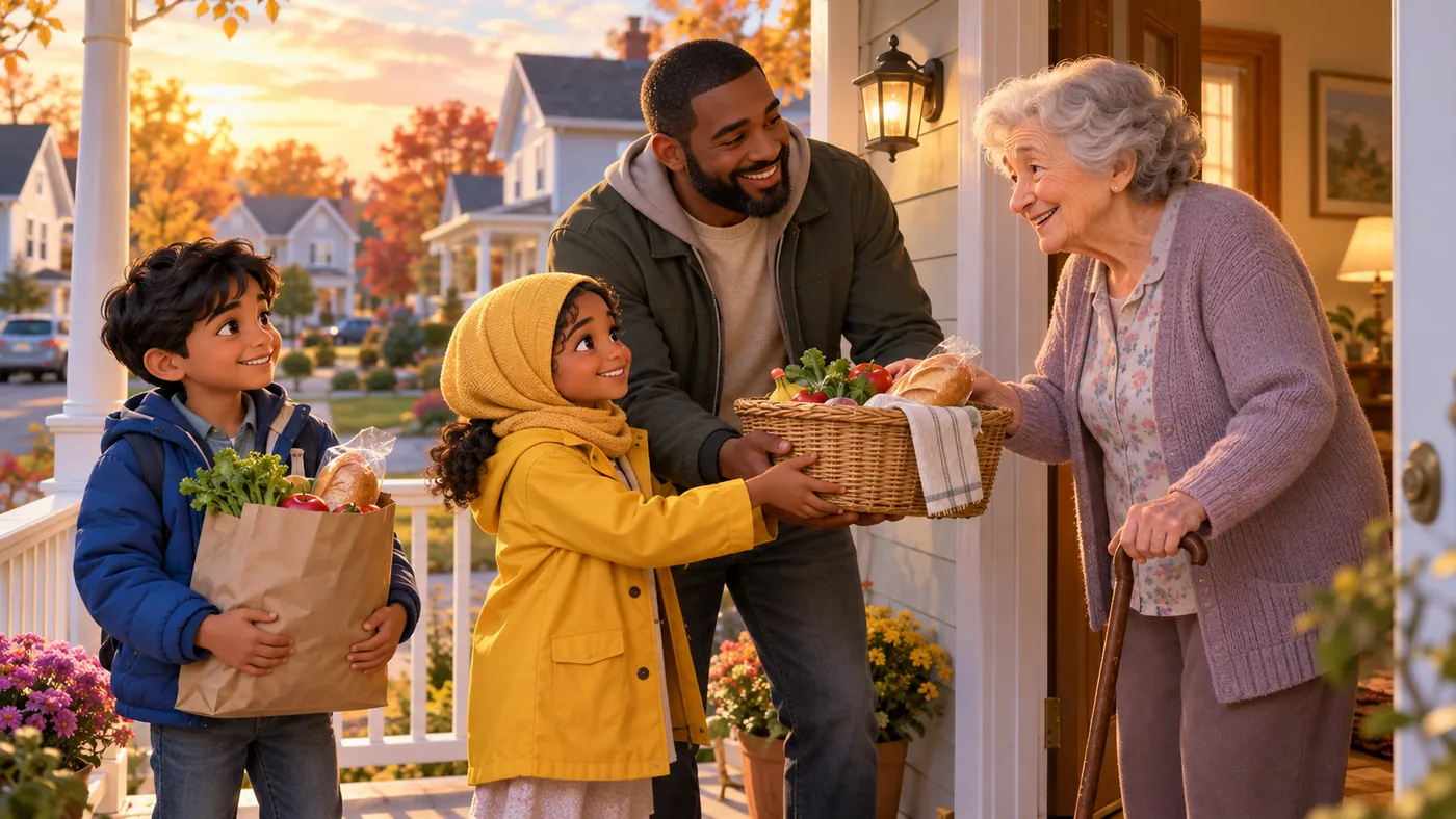 Muslim children and a father bringing groceries to an elderly neighbour